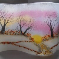Fused glass freestanding wave of a winters sunset Fused glass freestanding wave